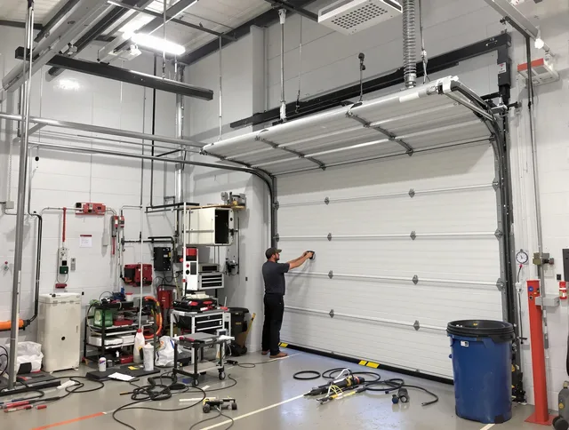 Long Beach Garage Door Repair certified technician performing commercial door repair at a Long Beach business facility