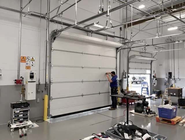 Commercial garage door repair being performed by Long Beach Garage Door Repair expert in Long Beach