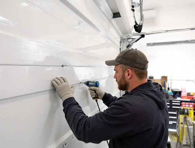 Long Beach Garage Door Repair technician demonstrating precision dent removal techniques on a Long Beach garage door