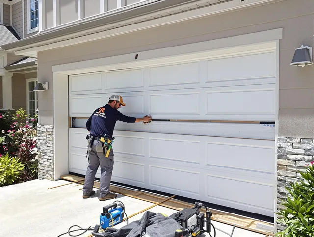 Long Beach Garage Door Repair team performing complete garage door replacement at Long Beach residence