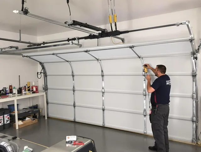 Long Beach Garage Door Repair certified technician performing overhead door system repair in Long Beach