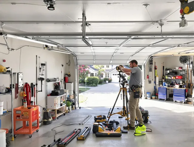 Long Beach Garage Door Repair specialist performing laser-guided track alignment in Long Beach